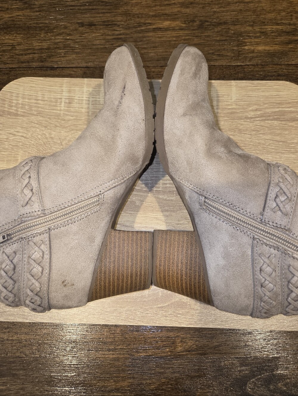 Indigo Road Taupe Braided Suede Ankle Booties with Stacked Heel - Picture 5 of 9